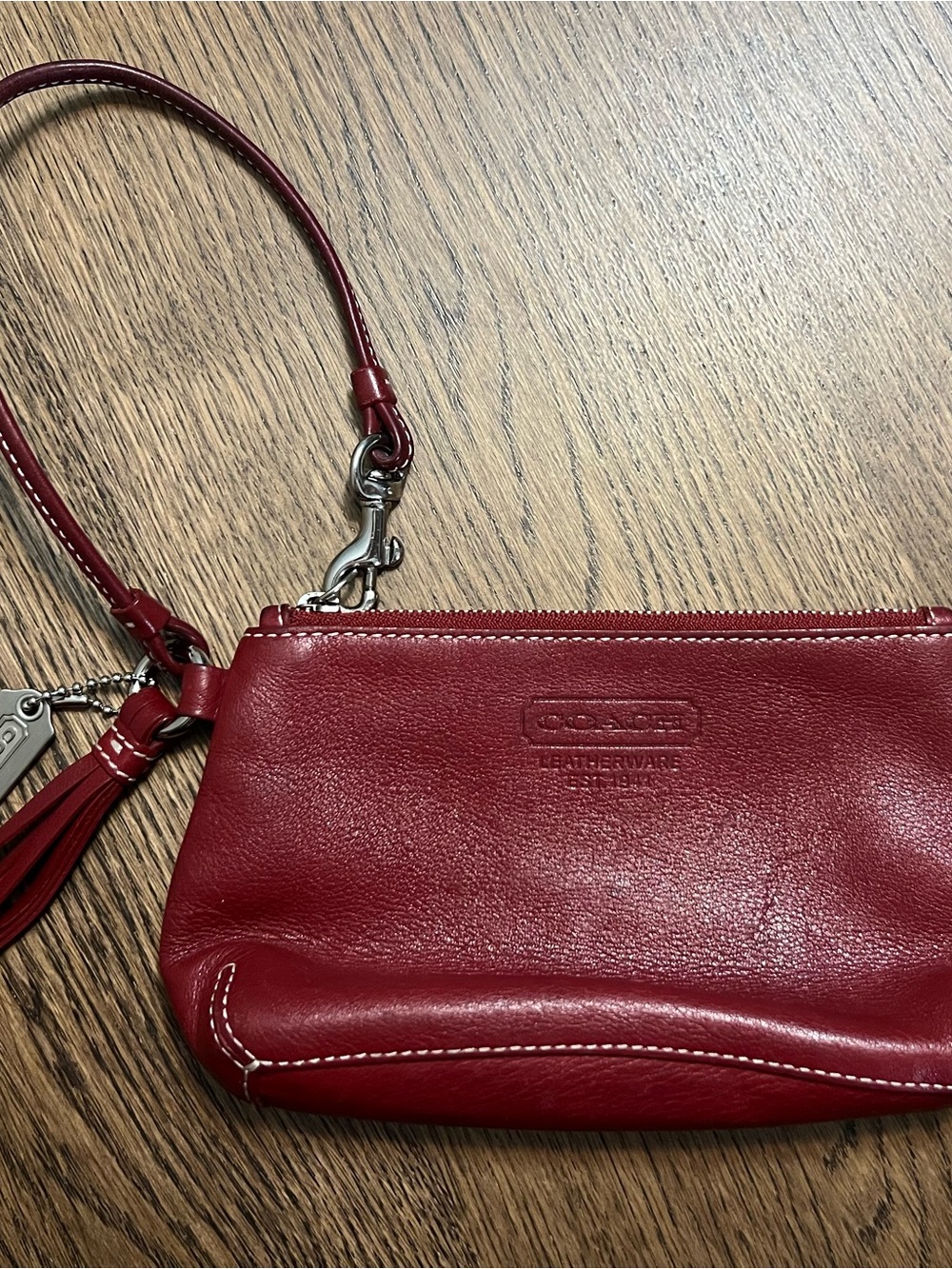 Vintage Coach Deep Red Leather Wristlet Clutch Pouch Tassel Zip Small Bag Wallet
